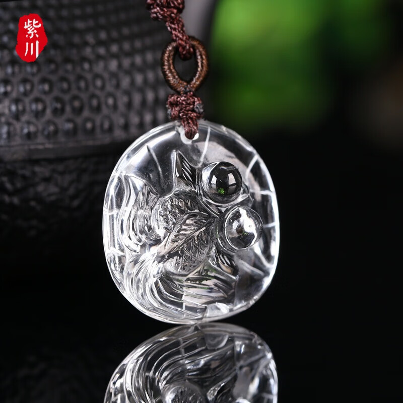 紫川 天然白水晶女士项链水晶挂件巧雕金鱼吊坠金玉满堂年年有余实用