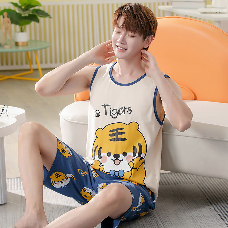 裤衩男士睡觉居家服短裤可外穿睡衣男无袖短裤纯棉薄款大学生韩 背心a