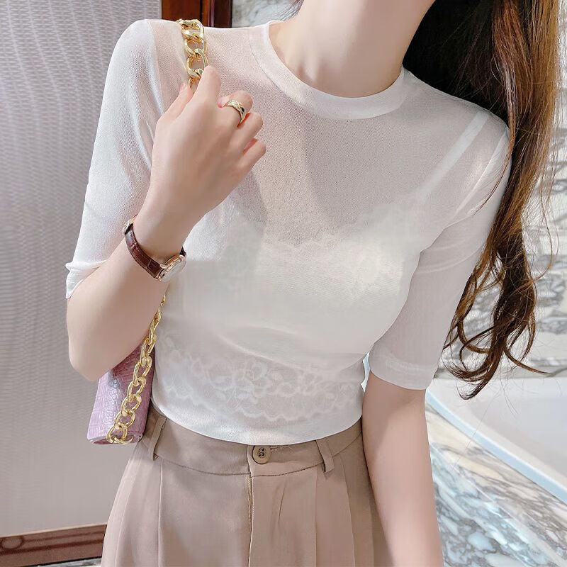 spraying薄纱上衣女夏季薄款透明短袖网纱打底衫中袖纱衣紧身内搭t恤