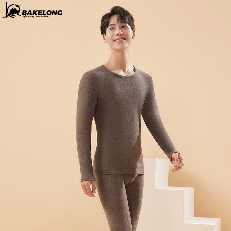 巴克龙(bakeLong)新款羊绒蚕丝保暖内衣套装女面加绒情侣男士秋衣秋裤羊毛打底衫 男款-深咖色 XL