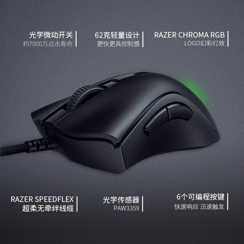 雷蛇 Razer 雷蛇炼狱蝰蛇V2迷你版 鼠标 有线鼠标 游戏鼠标 右手鼠标 RGB 电竞 黑色 8500DPI