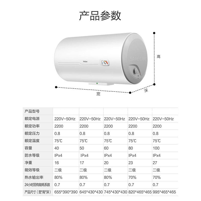 海尔(Haier)热水器家用储水式电热水器40/50/60/80/100升L安全防电墙速热2200W 50升【升级2200瓦功率】【免费安装/全国联保】