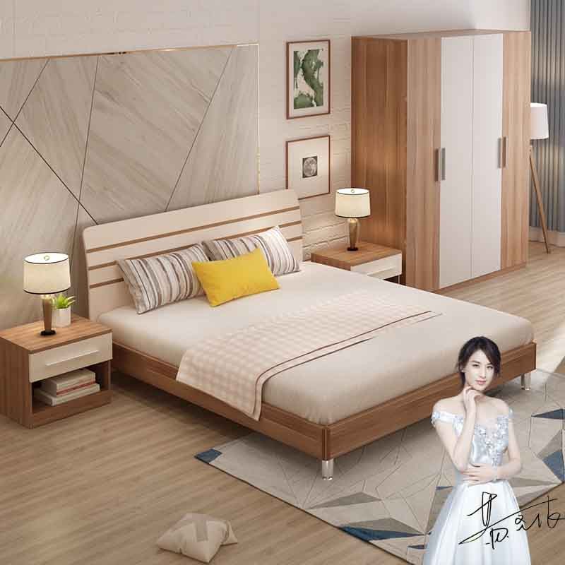 A家家具 床 现代简约板式双人床 卧室家具架子床 梨木色 1.5米床+床垫*1 A008-150