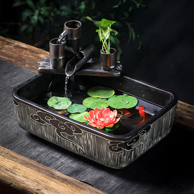 槿致陶瓷鱼缸养鱼盆客厅桌面流水鱼缸家用小金鱼缸创意长方形鱼缸造景