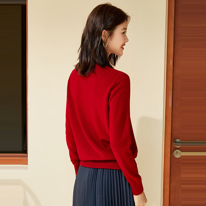 恒源祥纯羊毛衫半高领针织衫上衣女秋冬新款纯色套头保暖内搭打底衫毛衣 枣红 M /165/88A