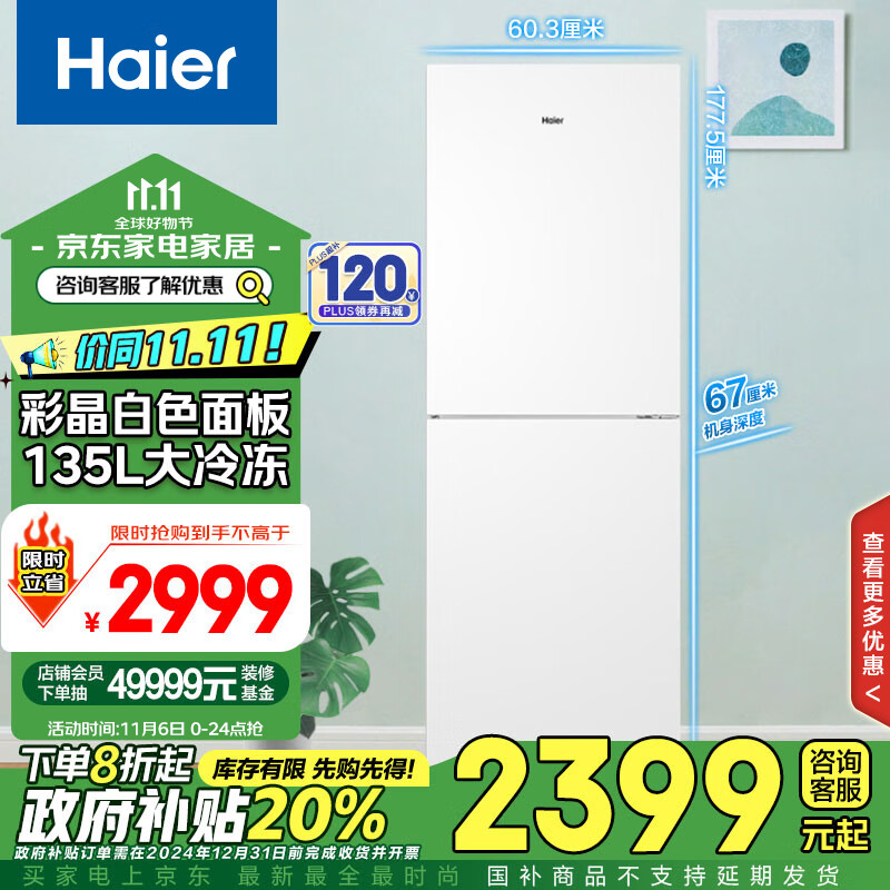 海尔（Haier）308升两门二门双开门小户型家用电冰箱净味一级能效节能省电无霜宿舍租房BCD-308WLHC2DEW1