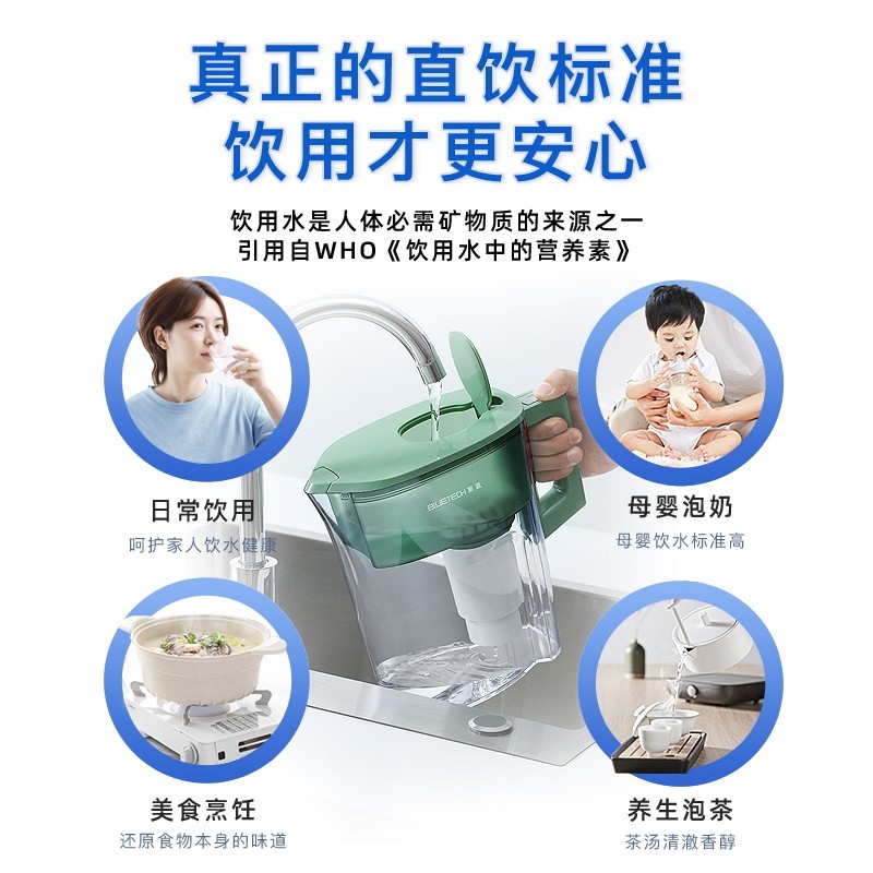 聚蓝(bluetech) HS-527三代净水壶家用自来水过滤水壶家用净水器双芯去水垢细菌直饮标准 畅饮全年装【1壶8芯】蓝色