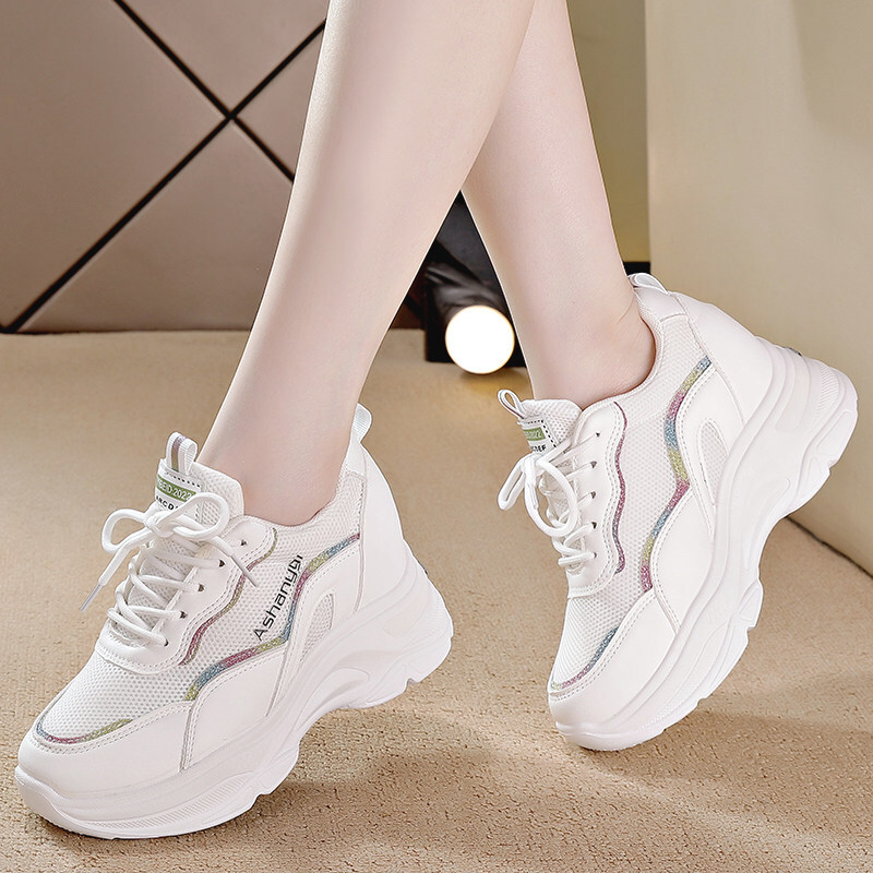 fulaibao官方小白鞋女2023春夏季内增高女鞋网面透气运 彩色 35