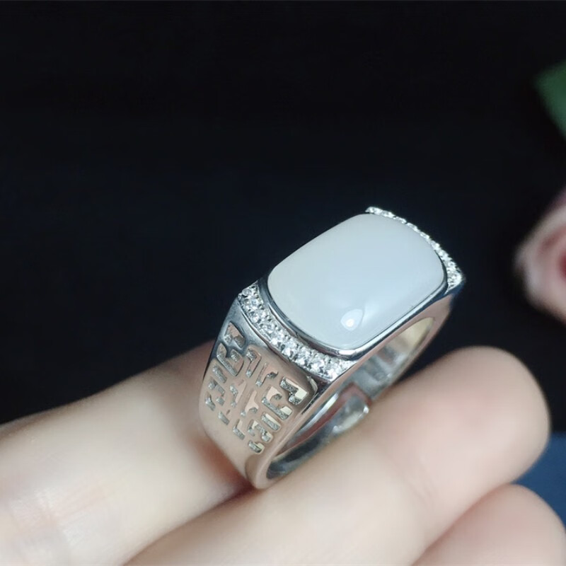 静汝玉【珠宝严选】s925银镶和田玉白玉【青海料】戒指男款 送礼推荐