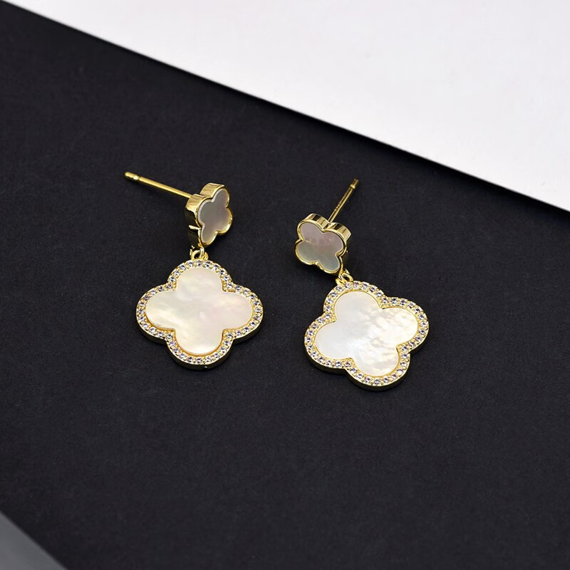 bomp施华洛世奇锆白色贝壳纯银四叶草耳环女2024新款耳坠耳钉气质耳饰
