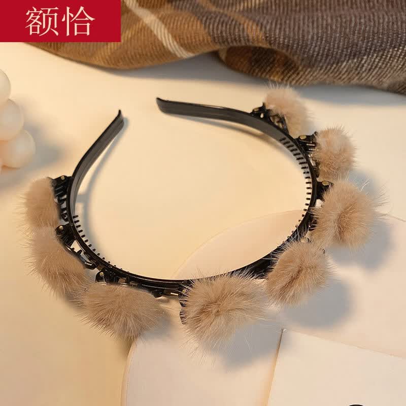 额恰毛毛编发发箍刘海碎发整理头箍女秋冬毛球发卡头饰高颅顶懒人发饰