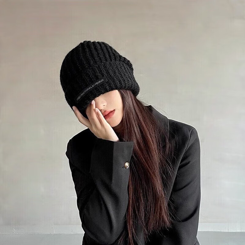 达芬奇密码秋冬保暖纯色针织毛线帽女士帽子防寒防风 黑色