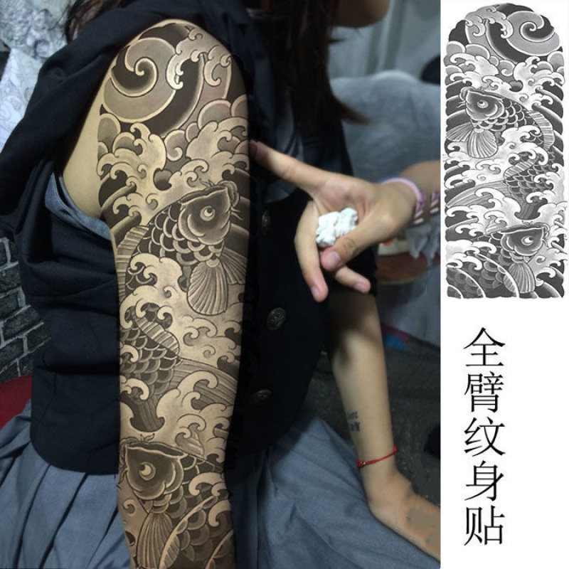 纹身贴花臂海浪锦鲤全臂纹身贴男上色图案大花臂女仿真不防水双鲤鱼