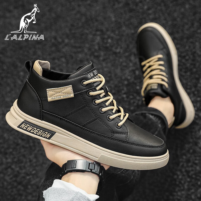 阿尔皮纳袋鼠休闲鞋男2022秋冬季新款板鞋皮面滑板鞋潮流鞋子男休闲板鞋 黑色 #42