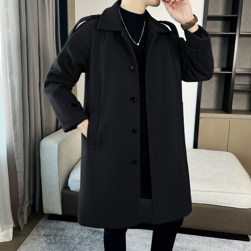 列迅秋冬季毛呢大衣男士中长款青年军绿色风衣英伦风潮流宽松呢子外套 军绿色 M