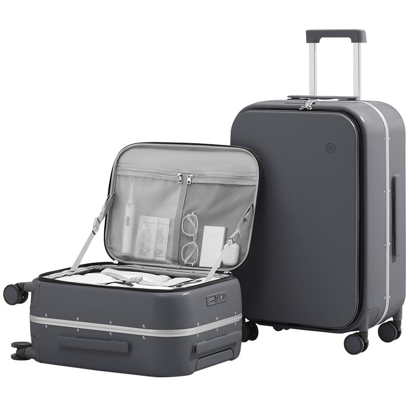 米熙侧开盖铝框箱男拉杆箱子行李箱大容量密码旅行箱包女24英寸矿岩灰