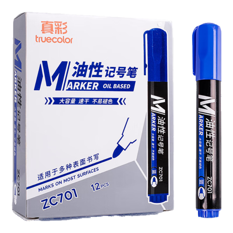 真彩（TRUECOLOR）记号笔大头笔防水油性不掉色快干速干防油蓝色大容量不可擦大号工地划线快递物流专用12支/盒ZC701