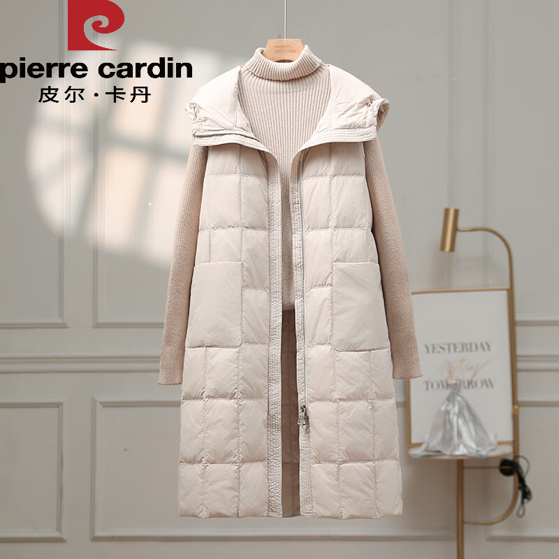 皮爾卡丹90白鴨絨羽絨服女中長款過膝馬甲2025秋冬新款時尚連帽馬夾外 米白色 S 90-110斤