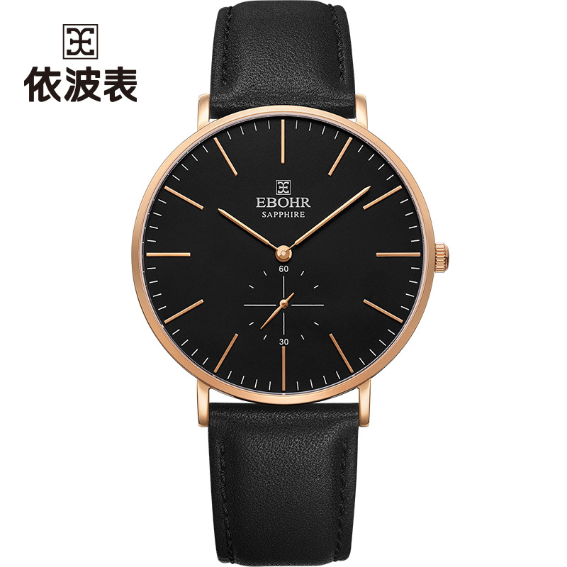 依波(EBOHR)手表   简系列黑金时尚休闲薄款石英皮带 小秒盘男表50770335