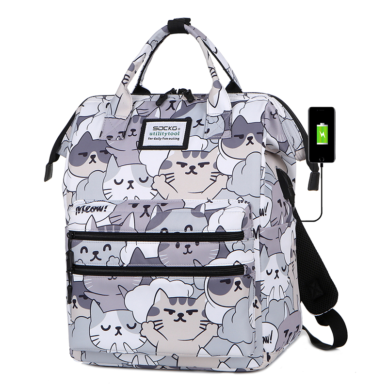 圣兰戈双肩包电脑包女15.6英寸笔记本包16气垫防震大容量背包大学生书包 可爱猫咪 15.6-16.1英寸