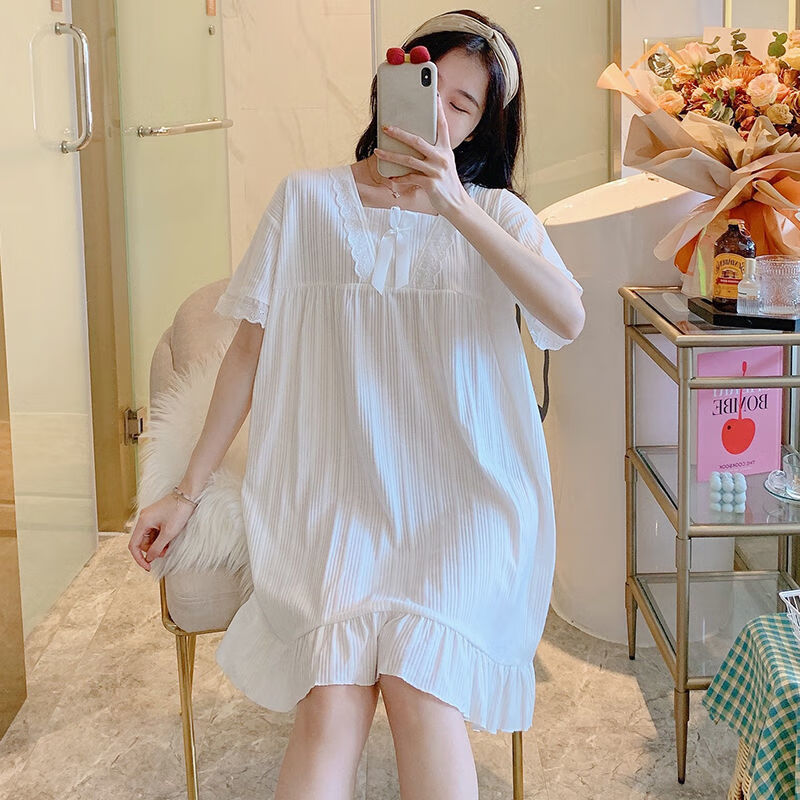 纯睡裙女短袖公主风学生韩版花边睡衣裙可爱宽松少女家居服 白色#9240