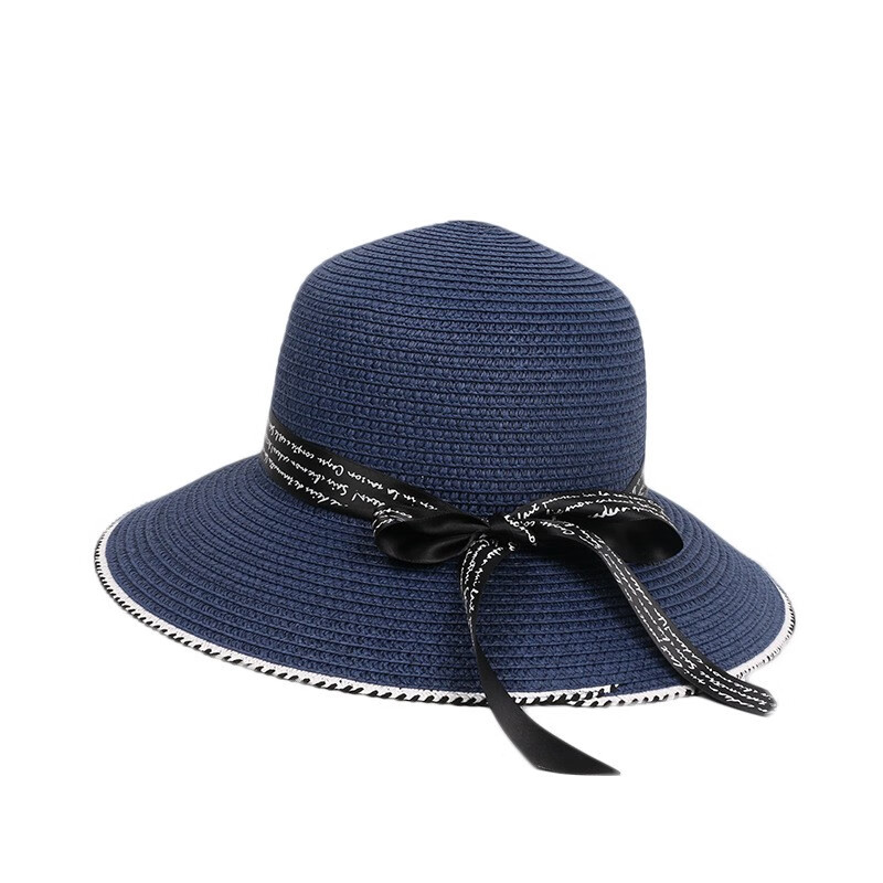 草帽子女夏天太阳帽大帽檐防晒遮阳韩版百搭可折叠度假沙滩渔夫帽 深蓝色