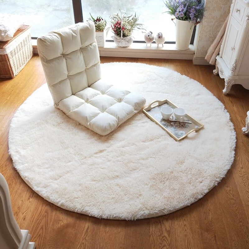 馨采乳白色圆形地毯长毛白色拍照毯卧室飘窗客厅茶几地毯可机洗床边毯 纯乳白色 120cm直径圆形