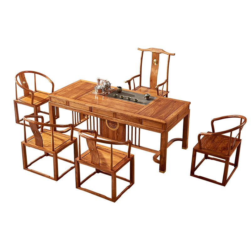 木中央 红木家具 非洲花梨 学名:刺猬紫檀茶桌椅组合 全实木功夫茶桌 新中式茶台桌2米现代简约喝茶台 1.98米茶桌+主椅+4圈椅1