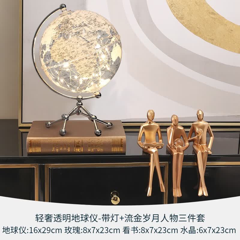 创意轻奢透明地球仪摆件高档家居装饰品客厅电视柜书房办公室桌面 轻奢透明地球仪台灯摆件(灯带款 )+鎏金岁月三件套