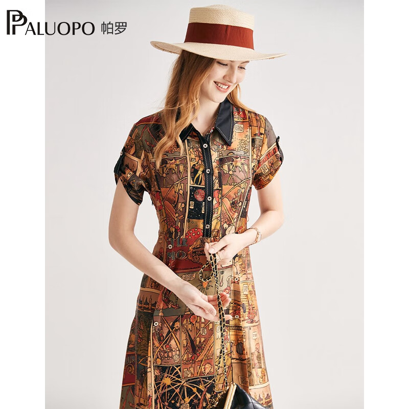 帕罗(PALUOPO)复古文艺真丝连衣裙女士碎花气质印花100%桑蚕丝短袖中长a字裙 花色 XL (170/92A)