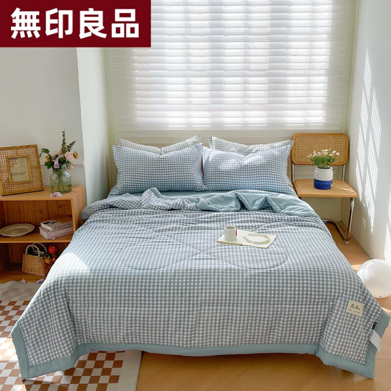 無印良品A类水洗棉空调被 夏季新品日式良品夏凉被系列单夏被 蓝小格 100*150cm