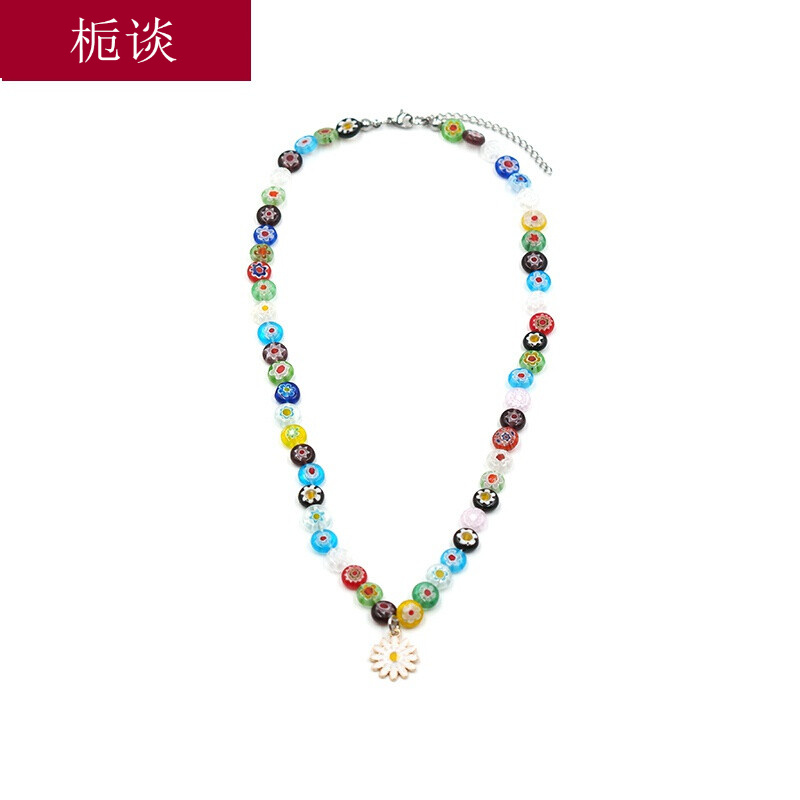 栀谈 彩色琉璃花雏菊吊坠项链男女锁骨链配饰 琉璃珠项链