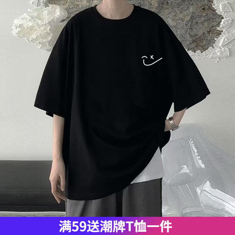 嘉晔短袖T恤新款圆领印花男女宽松ins休闲学生上衣港风五分袖宽松短袖 kp2164黑色 2XL