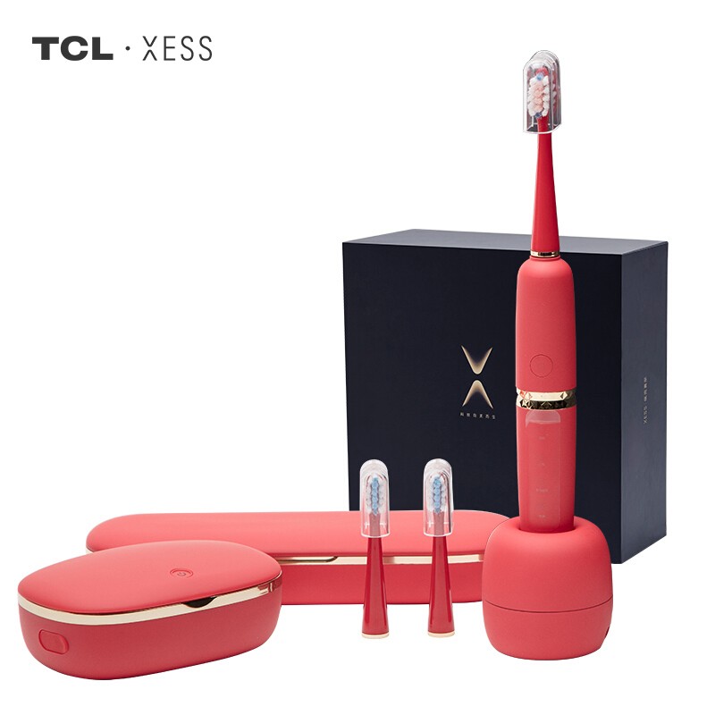 TCL XESS 电动牙刷 礼盒 成人光波智能牙刷软毛 D3套装（自带消毒盒*1含刷头*3+便捷盒）宫廷红