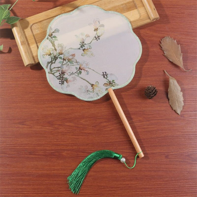 古风扇子儿童夏半透明长柄流苏舞蹈扇女古装汉服旗袍八瓣花型团扇 12