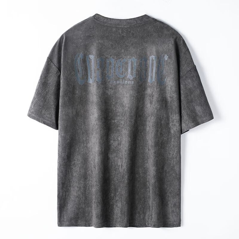 美式复古重磅麂皮t恤短袖潮牌痞帅ins宽松大码半袖夏季体恤 灰色 m