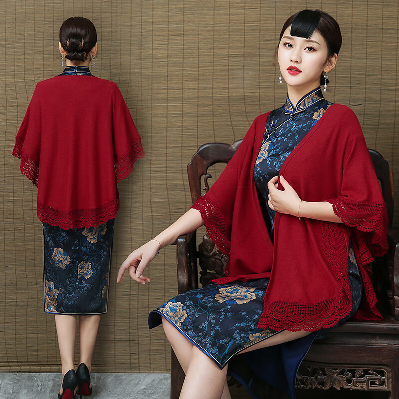 bicify旗袍外搭中长款小披肩斗篷古风喜婆婆夏季外套薄款针织开衫遮阳