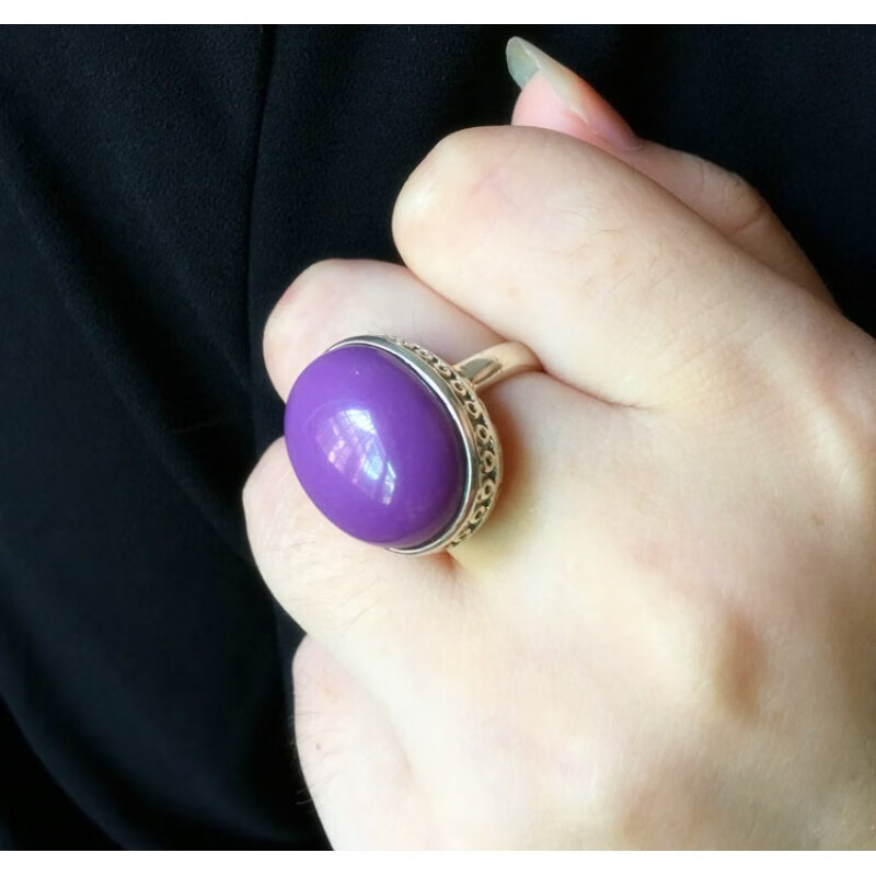 青鹊凰银天然紫云母戒指 开口紫色水晶女款大气食指戒大颗 开口(10号)