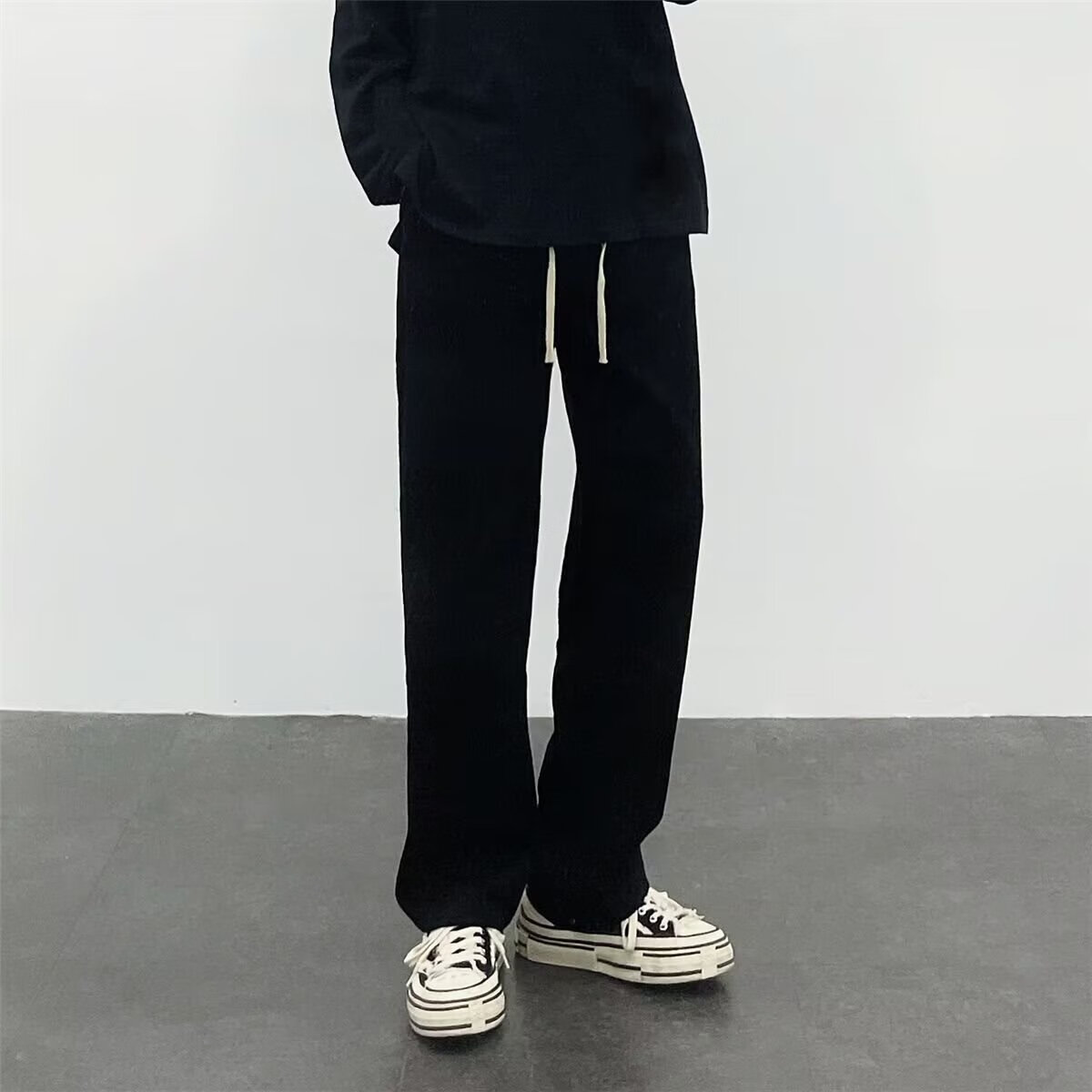 迪伽达美式高街牛仔裤男装春夏潮ins宽松阔腿长裤直筒裤黑色休闲裤子男 DFFS-636黑色 常规 抽绳款 L 【建议115-130斤】