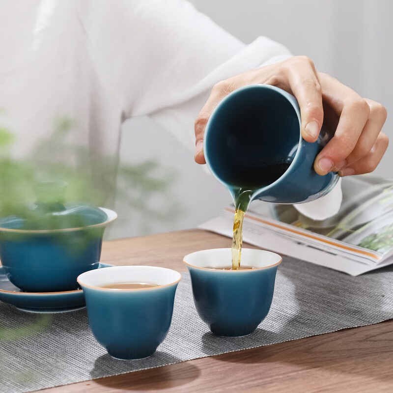 苏客 茶具套装陶瓷家用简约办公室茶壶茶杯盖碗茶碗泡茶功夫茶具礼盒装 盖碗套装(霁蓝)