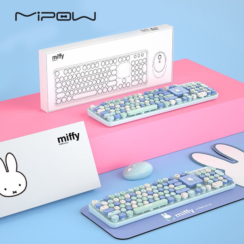 MIPOW MPC-006MF 米菲无线键盘鼠标套装 复古朋克笔记本键盘 办公键鼠套装 鼠标 电脑键盘 浅蓝+键鼠垫套装