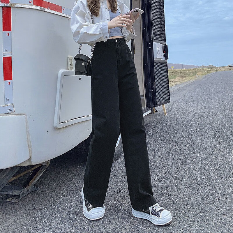 贡白草阔腿牛仔裤女显瘦显高2021韩版高腰宽松直筒垂感拖地裤 黑色 s