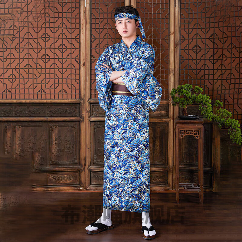 花淯和服男绅士装和服传统日式和风长款cos服装日料店工装 蓝色浪花
