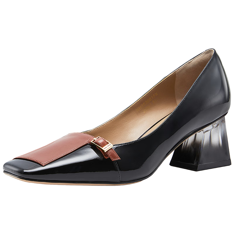 NINE WEST/玖熙拼色漸變粗跟高跟鞋方頭單鞋女 NH353061FK 黑紅棕34