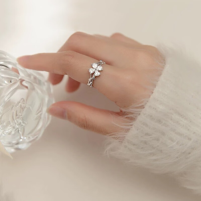 苏十六999银四叶草戒指女时尚个性可调节食指戒指环生日礼物送女友老婆 四叶草戒指