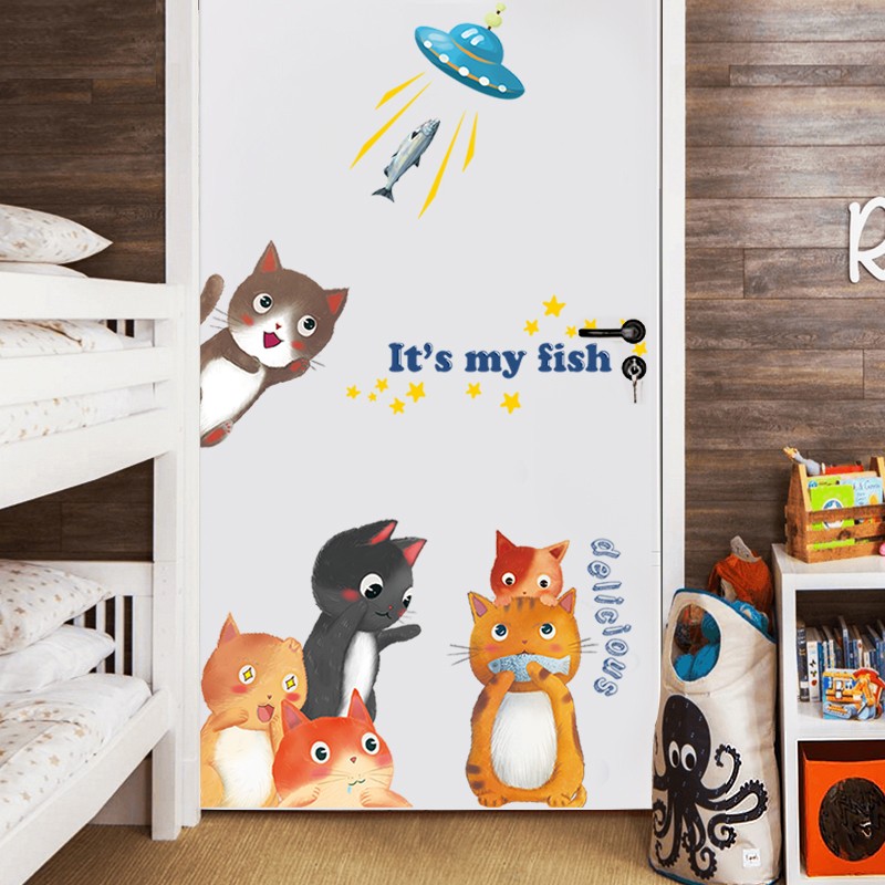 贴纸房间布置可爱衣柜装饰自粘墙纸贴画卡通墙贴 猫咪总动员【门贴2】