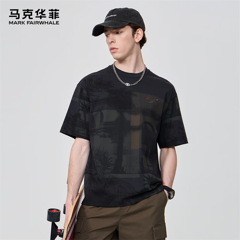 馬克華菲T恤男夏季圓領(lǐng)滿印沙灘男士寬松休閑短袖打底衫 深灰 54/XL 