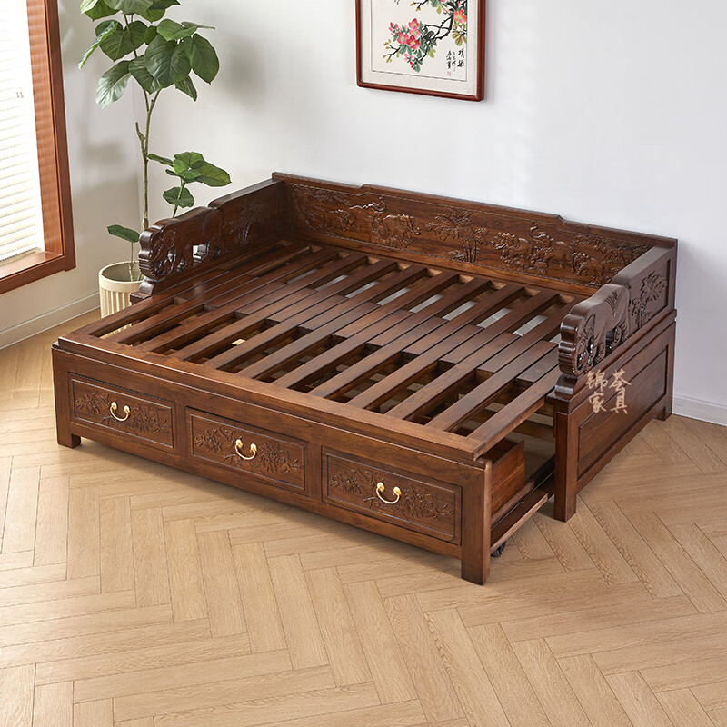妙普乐抽拉罗汉床 老榆木推拉式罗汉床榻新中式客厅全实木抽拉沙发床