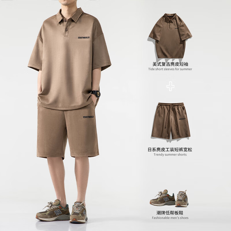 列迅衬衫领短袖polo衫男生酷帅穿搭夏季短裤两件套搭配一套运动套装男 13深灰 M