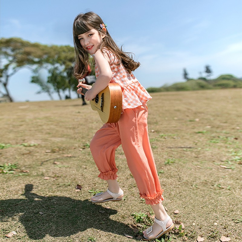 尼尔斯嘉女童套装新品2020新款夏装儿童装大童夏季女孩衣服两件套 活力橘 130